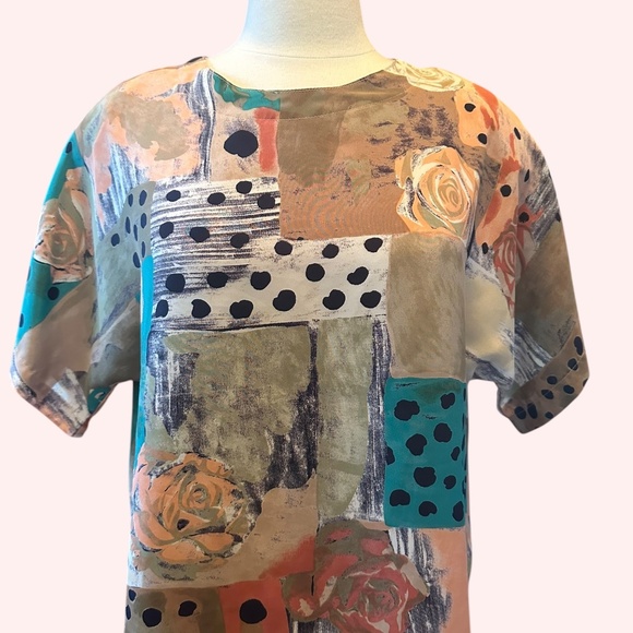 Vintage 80's coquette pastel blouse with roses and polka dots size medium - Picture 2 of 6